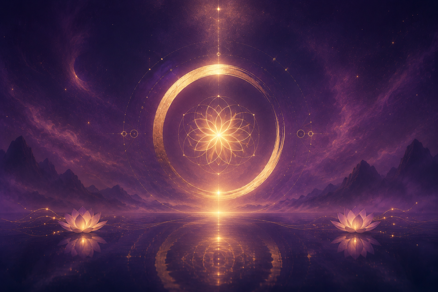 Aura Mystica - portail spirituel abstrait doré sur fond cosmique violet